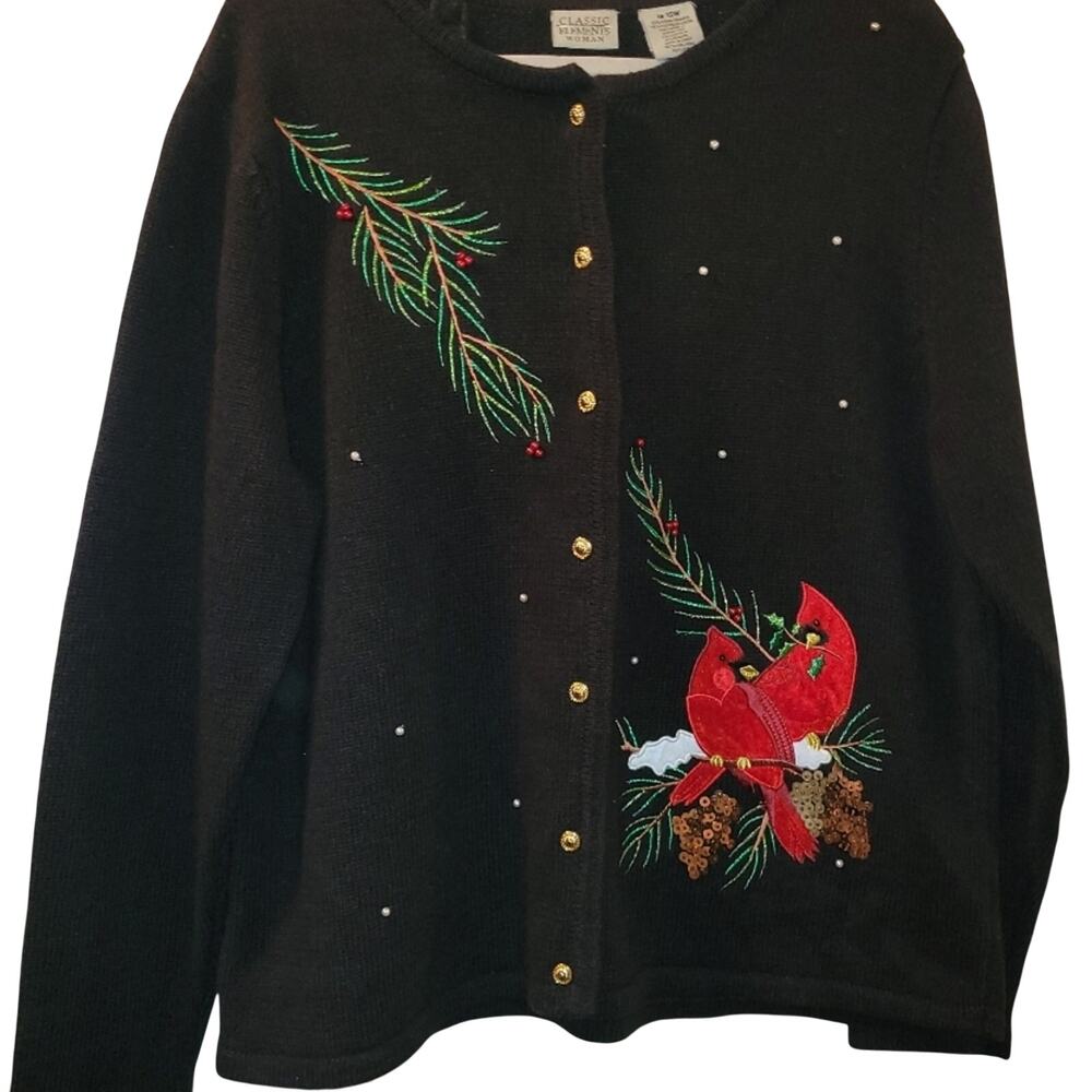 Vintage Womens Black Cardigan Sweater with Cardinal Embroidery Size 16-18W